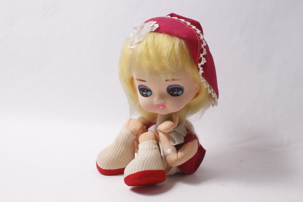 1960s Japanese Pose Doll Yellow Hair Red Dress and Red Hat ~ 260826-WH 1320